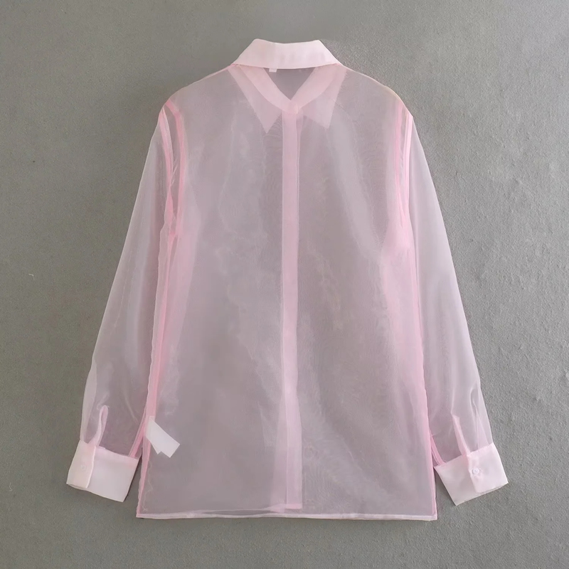 Fashion Pink Mesh Lapel Button-down Shirt,Blouses