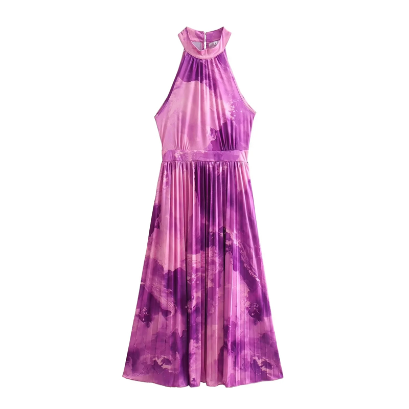 Fashion Purple Tie-dye Printed Halterneck Long Skirt,Long Dress