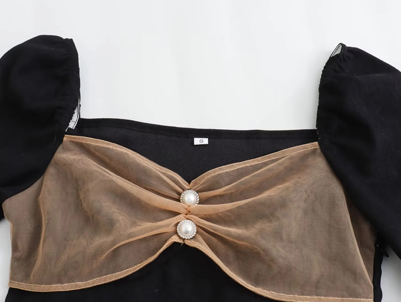 Fashion Black Square Neck Pearl Button Bow Skirt,Mini & Short Dresses