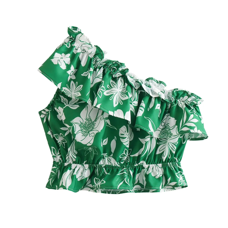Fashion Green Polyester Printed Ruffled One-shoulder Top,T-shirts