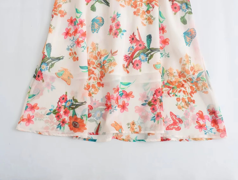 Fashion Color Chiffon Printed Round Neck Cutout Knee-length Skirt,Knee Length