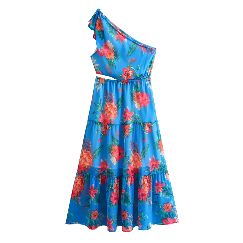 Fashion Blue Polyester Printed One-shoulder Hollow Long Skirt,Long Dress