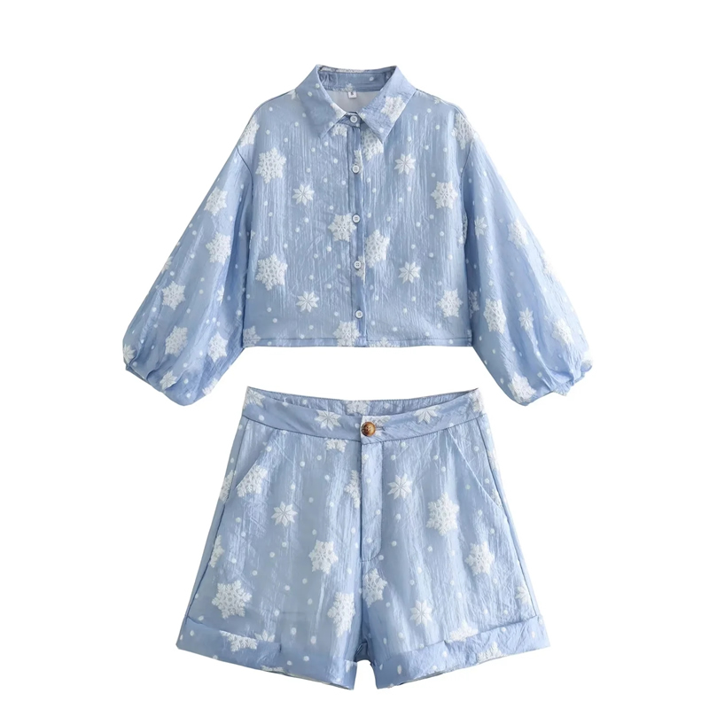 Fashion Blue Snowflake Texture Lapel Button-down Shirt And Shorts Suit,Blouses