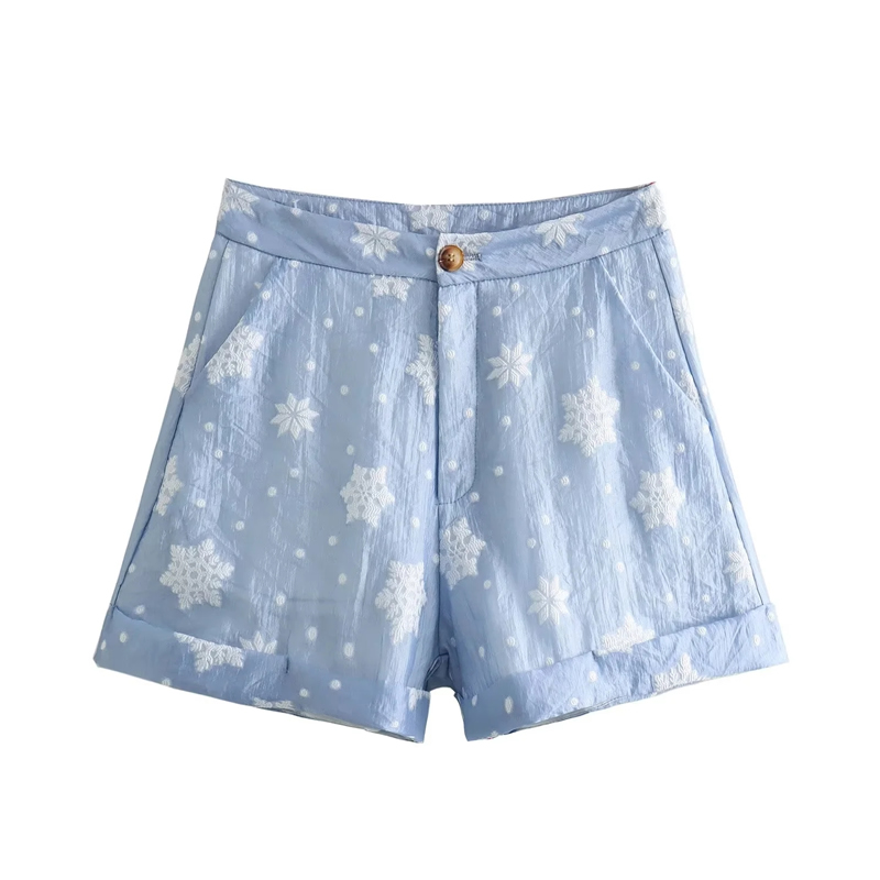 Fashion Blue Snowflake Texture Lapel Button-down Shirt And Shorts Suit,Blouses