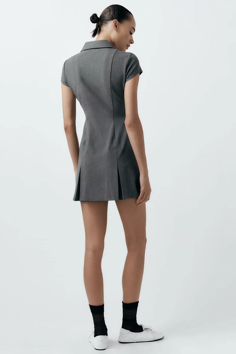 Fashion Grey Polyester Lapel Pleated Skirt,Mini & Short Dresses