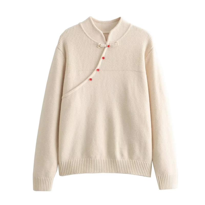 Fashion Beige Button Cheongsam Collar Knitted Pullover Sweater,Sweater