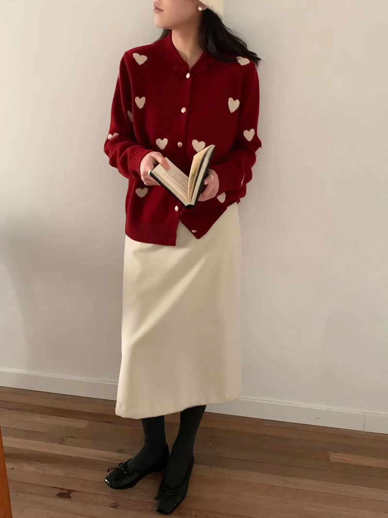 Fashion Red Love Jacquard Knitted Cardigan,Coat-Jacket