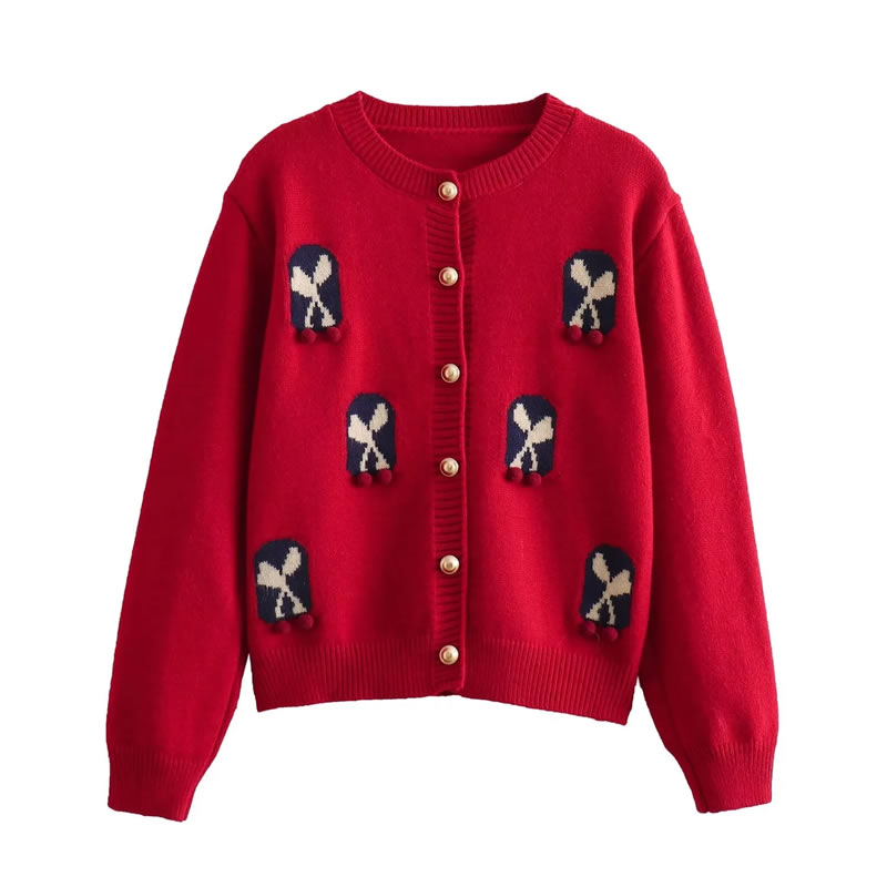 Fashion Red Three-dimensional Ball Jacquard Round Neck Knitted Cardigan,Coat-Jacket