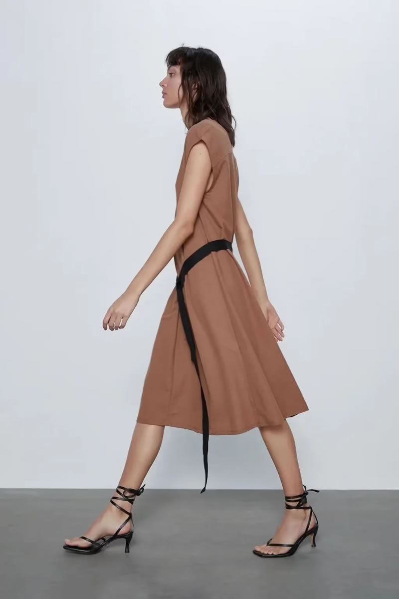 Fashion Caramel Knitted V-neck Strappy Skirt,Mini & Short Dresses