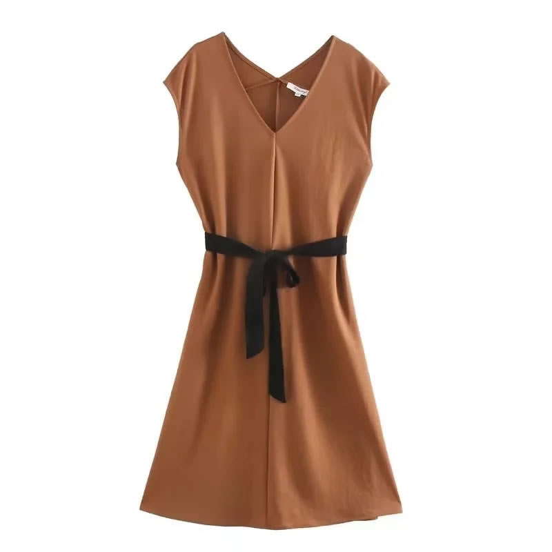 Fashion Caramel Knitted V-neck Strappy Skirt,Mini & Short Dresses