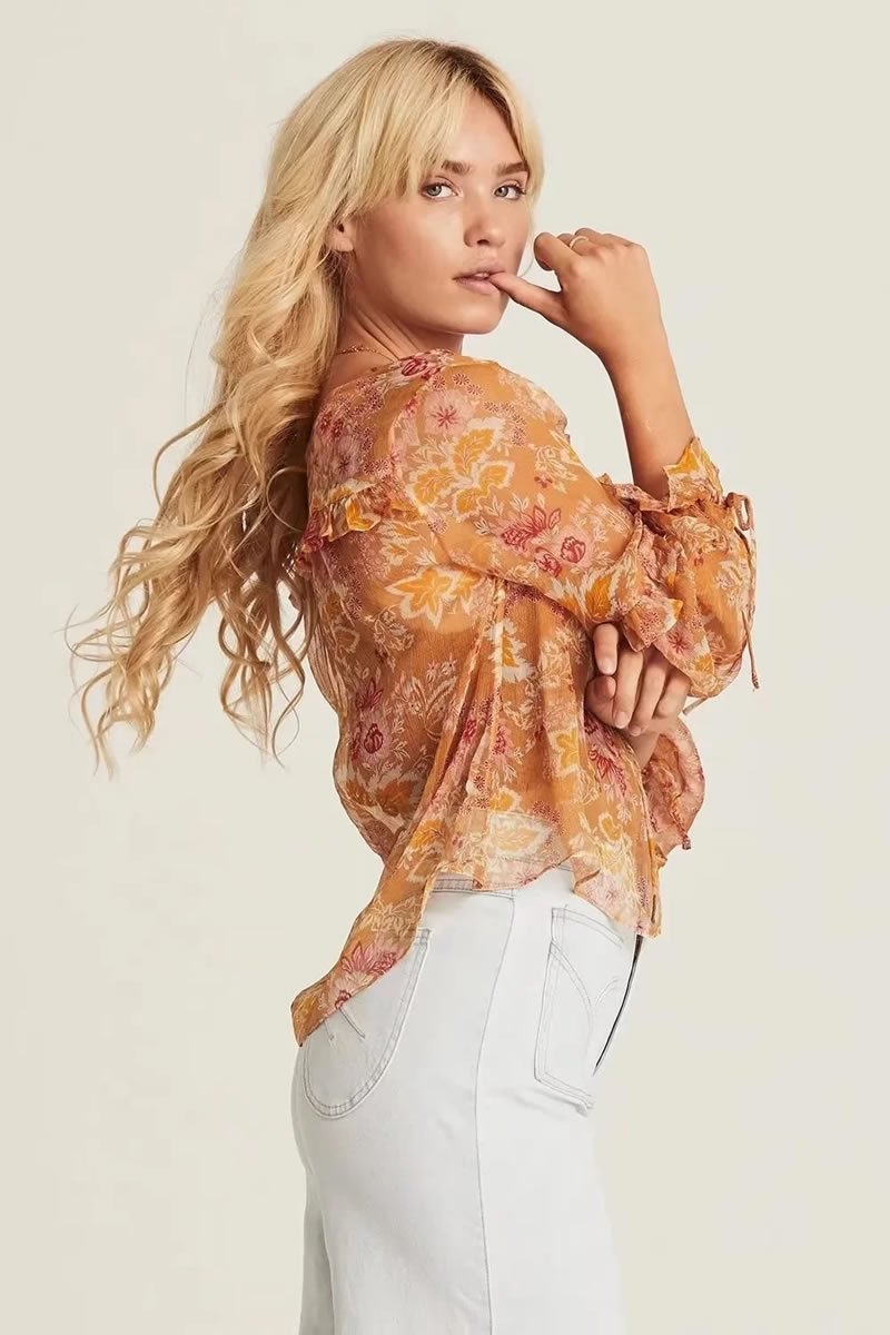 Fashion Yellow Silk Satin Lace-up Printed Shirt,Blouses
