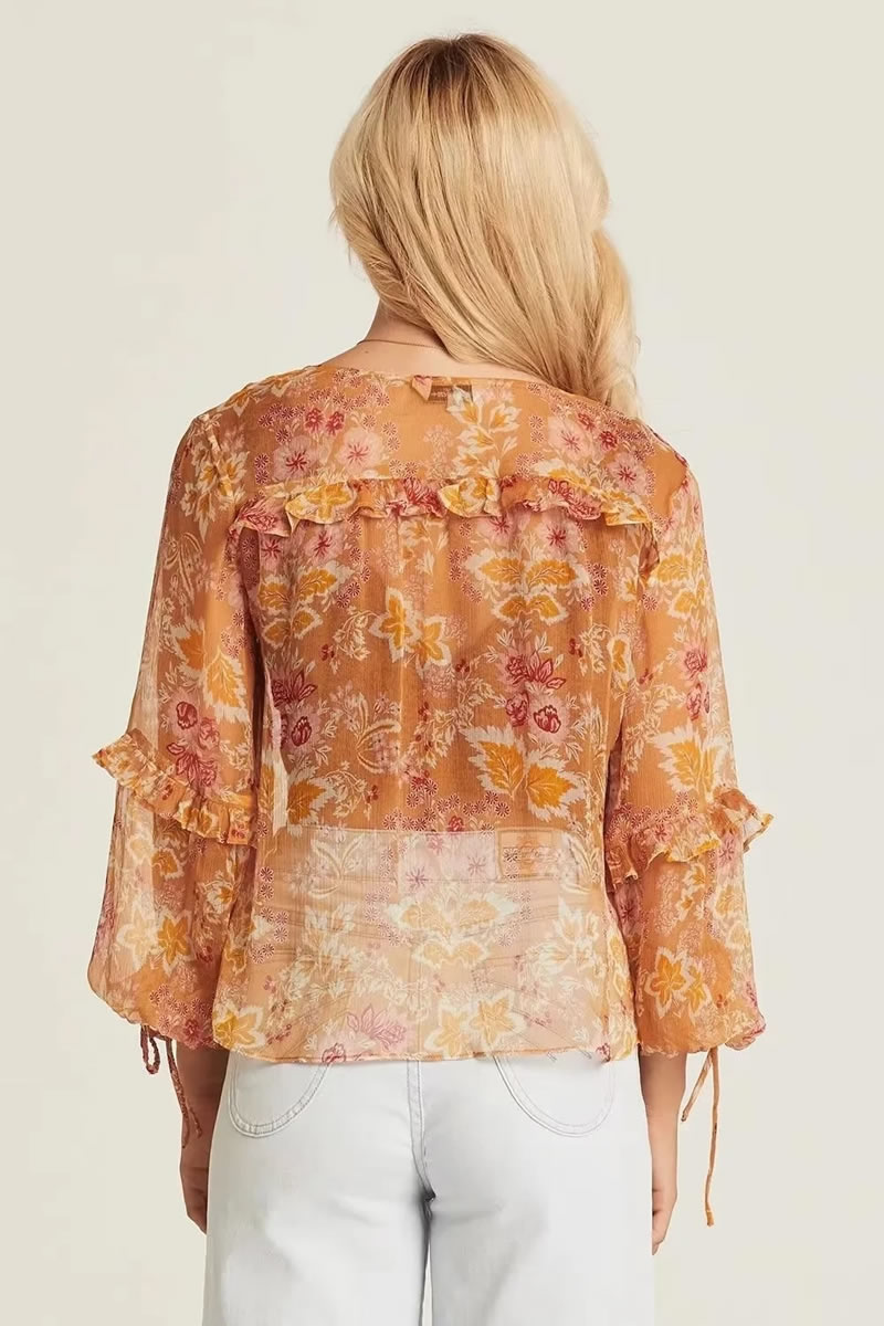 Fashion Yellow Silk Satin Lace-up Printed Shirt,Blouses