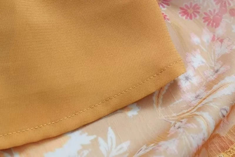 Fashion Yellow Silk Satin Printed Tiered Lace Knee-length Skirt,Knee Length