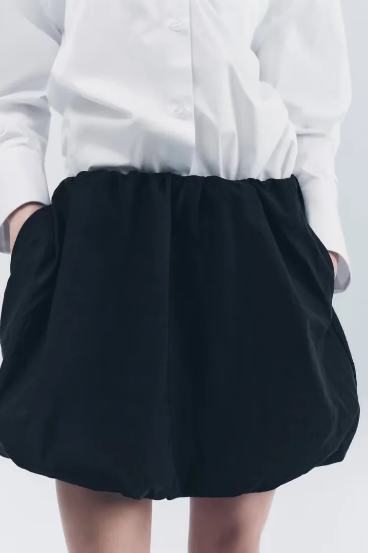 Fashion Black Blended Pleated Lantern Skirt,Skirts