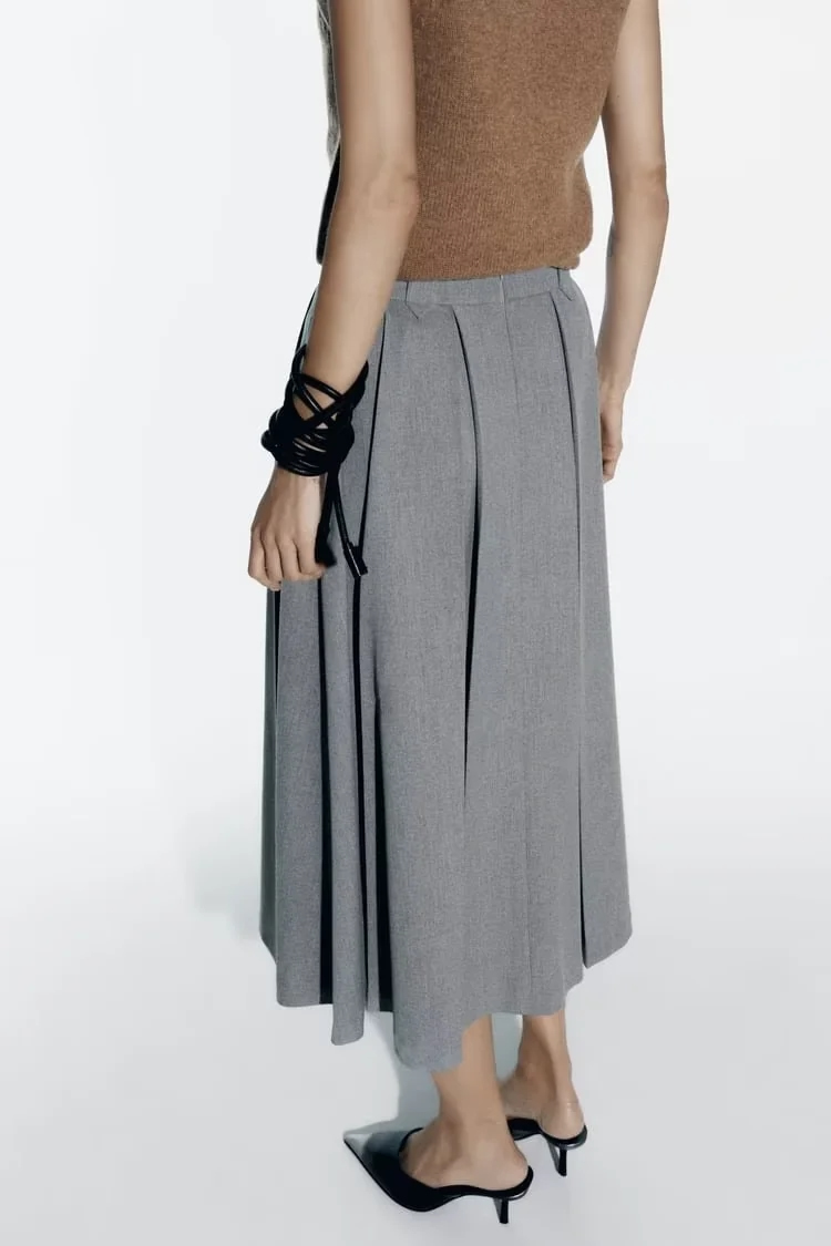 Fashion Grey Blended Pleated Skirt,Skirts