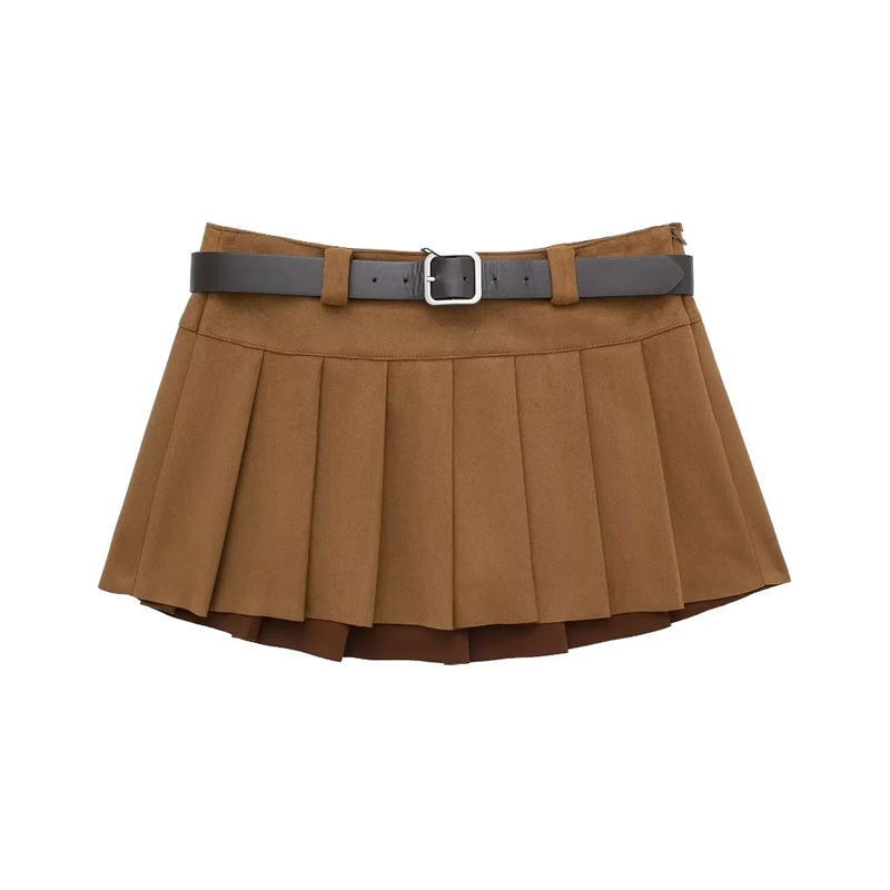 Fashion Brown Buckskin Belted Wide Pleated Culottes,Shorts