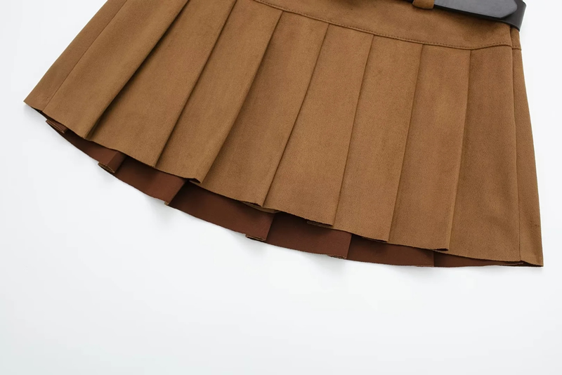 Fashion Brown Buckskin Belted Wide Pleated Culottes,Shorts