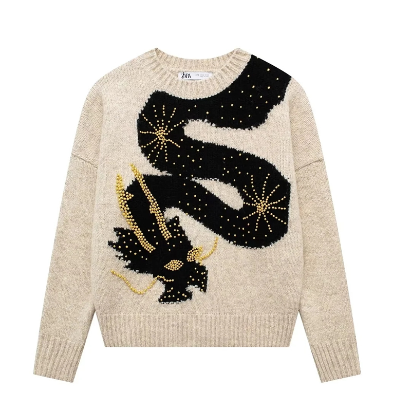Fashion Beige Beaded Dragon Jacquard Knit Crew Neck Sweater,Sweater