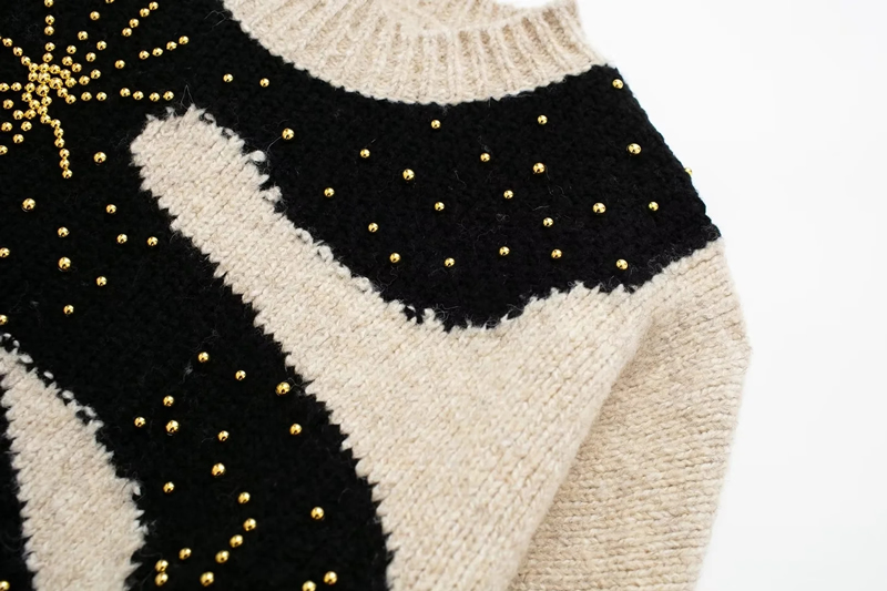 Fashion Beige Beaded Dragon Jacquard Knit Crew Neck Sweater,Sweater