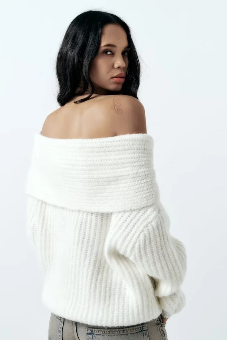 Fashion White Knitted Cross-shoulder Sweater,Sweater