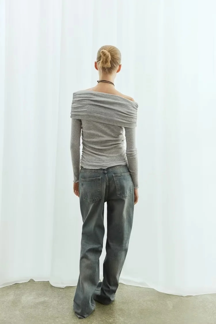 Fashion Grey Knitted Pleated One-shoulder Sweater,Sweater