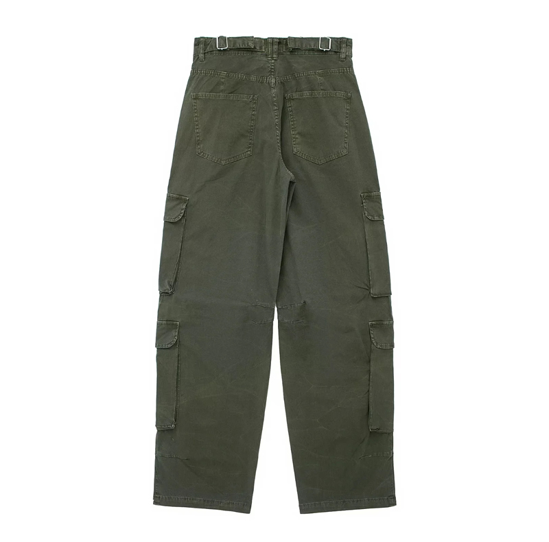 Fashion Gray Green Blend Multi-pocket Straight-leg Trousers,Pants