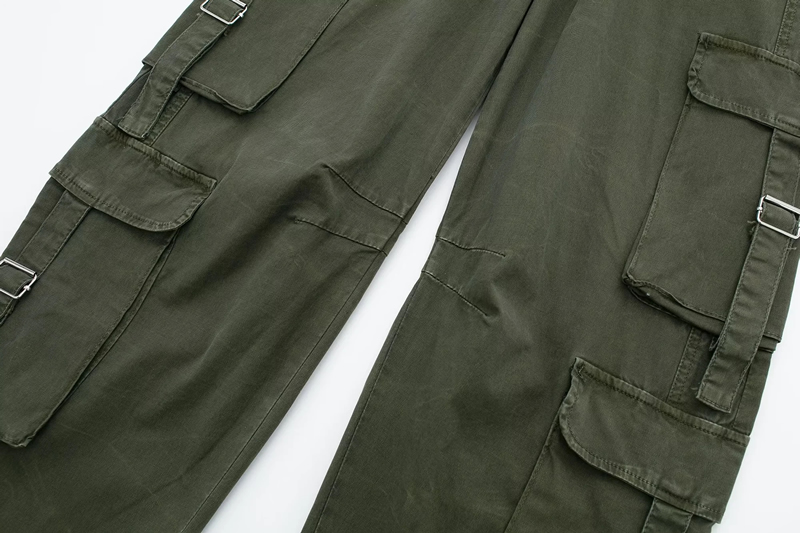 Fashion Gray Green Blend Multi-pocket Straight-leg Trousers,Pants