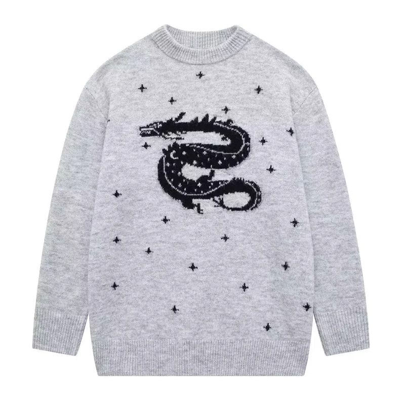 Fashion Grey Dragon Jacquard Knit Sweater,Sweater