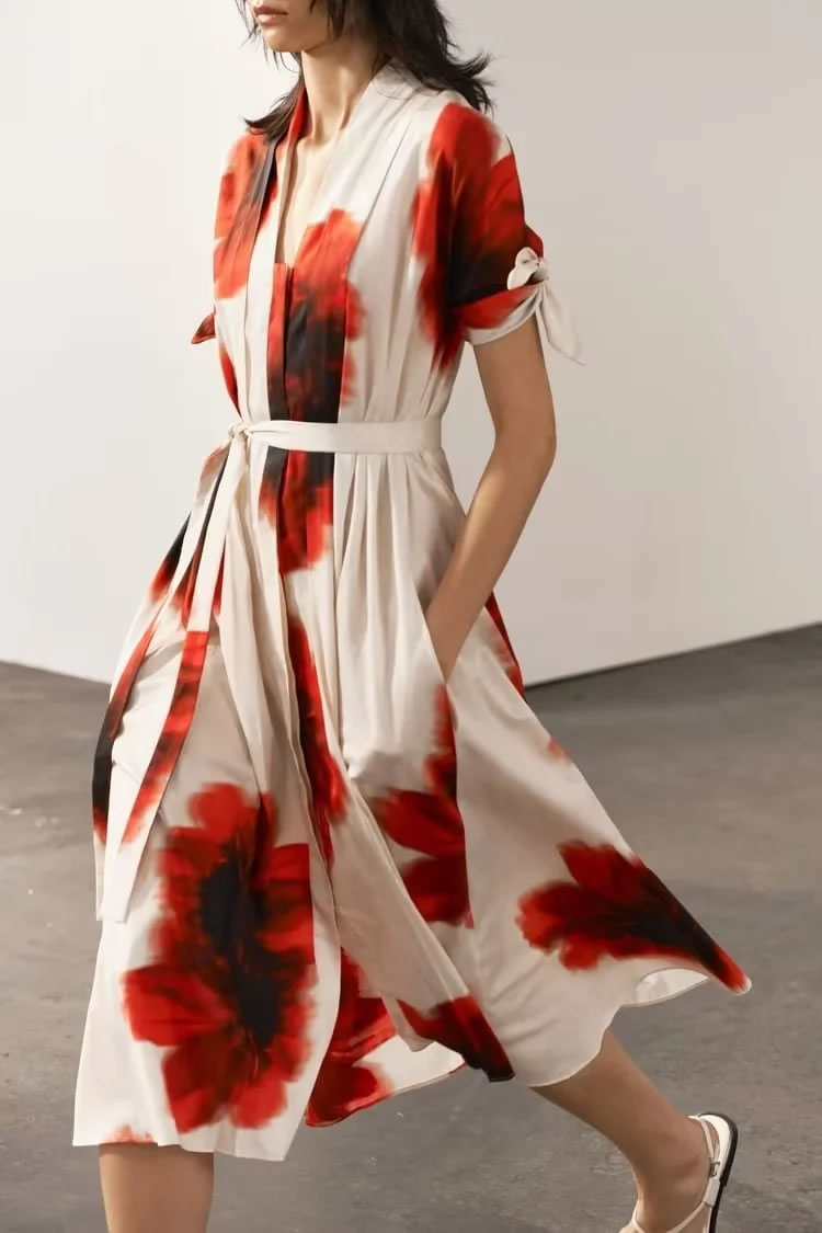 Fashion Red Polyester Printed Lapel Tie Long Skirt,Long Dress
