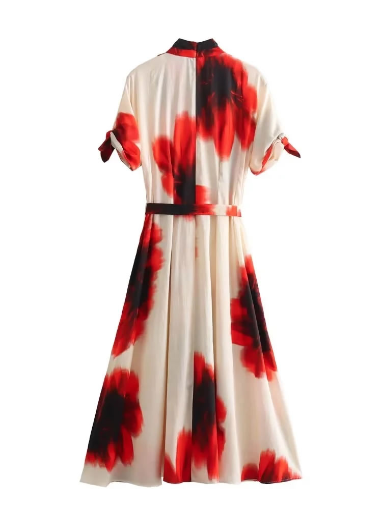 Fashion Red Polyester Printed Lapel Tie Long Skirt,Long Dress