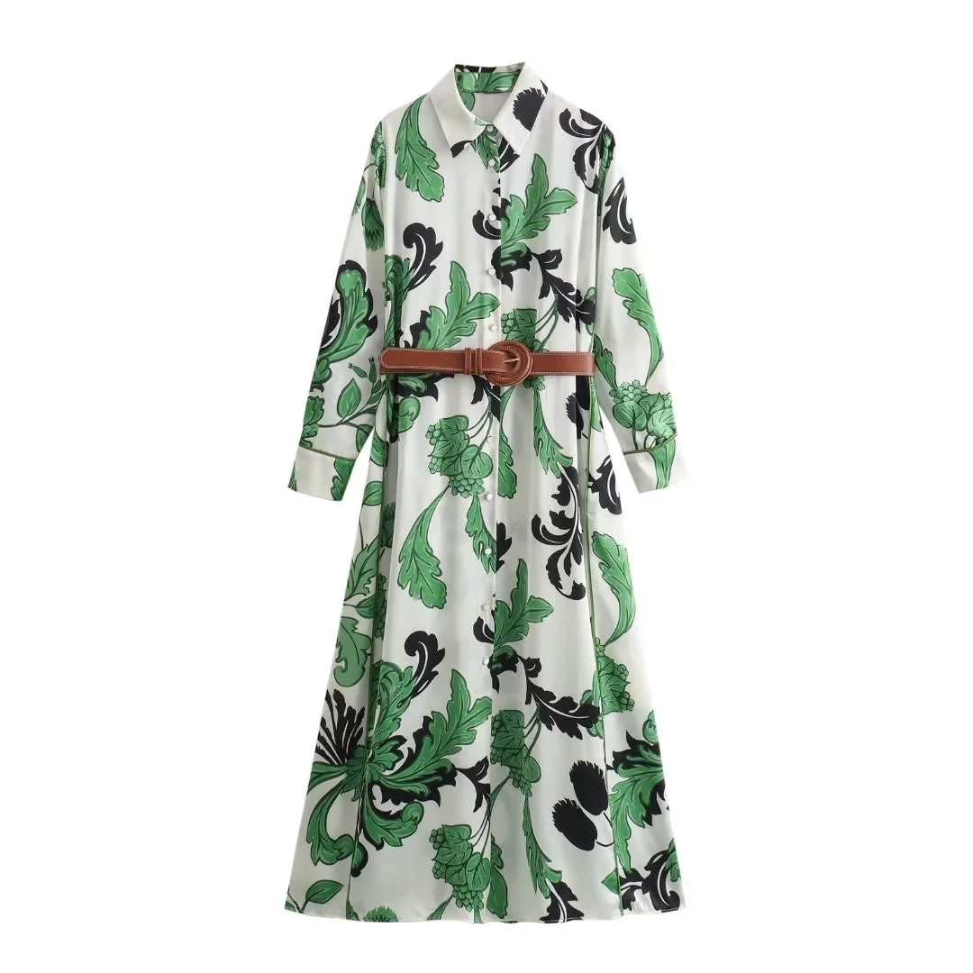 Fashion Green Polyester Printed Lapel Maxi Skirt,Long Dress