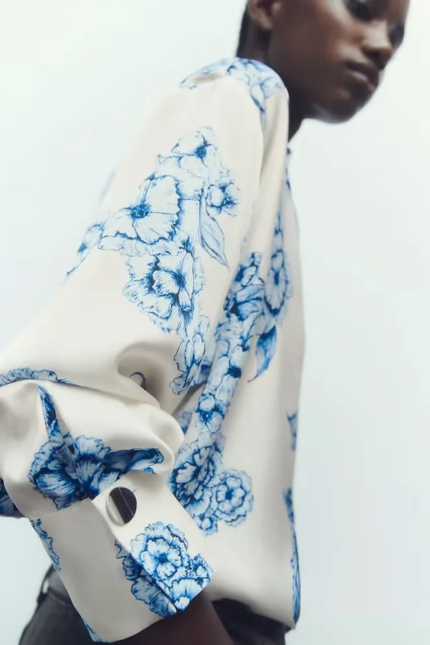 Fashion Blue Polyester Printed Lapel Shirt,Blouses