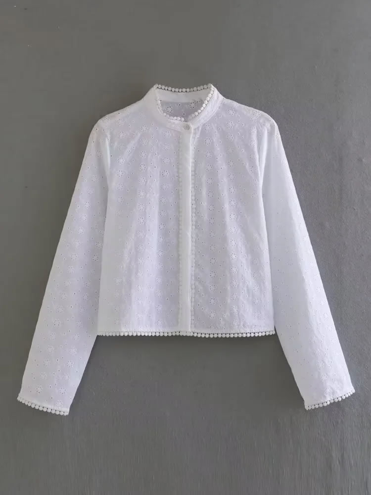 Fashion White Hollow Embroidered Stand Collar Shirt,Blouses