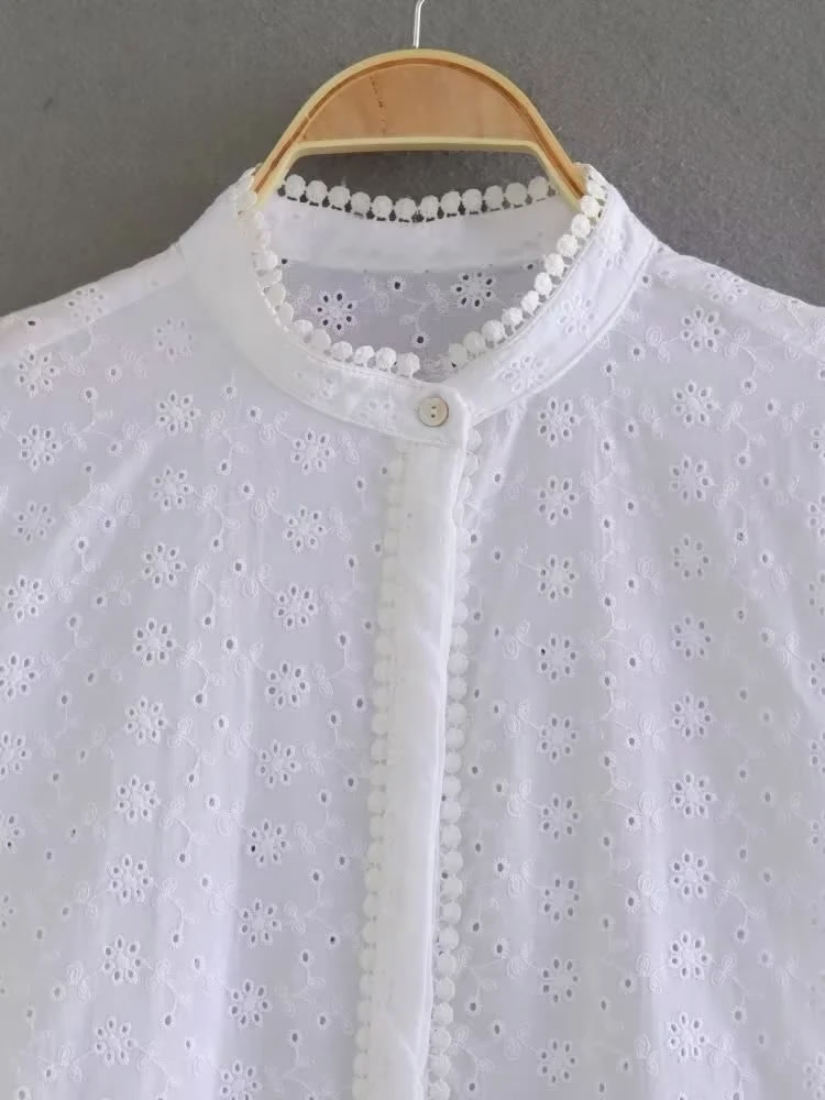 Fashion White Hollow Embroidered Stand Collar Shirt,Blouses