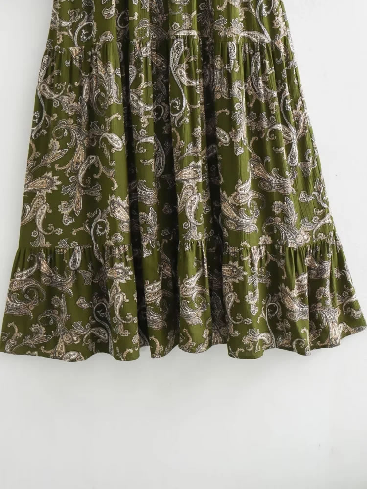 Fashion Green Polyester Printed Belted Pleated Maxi Skirt,Long Dress