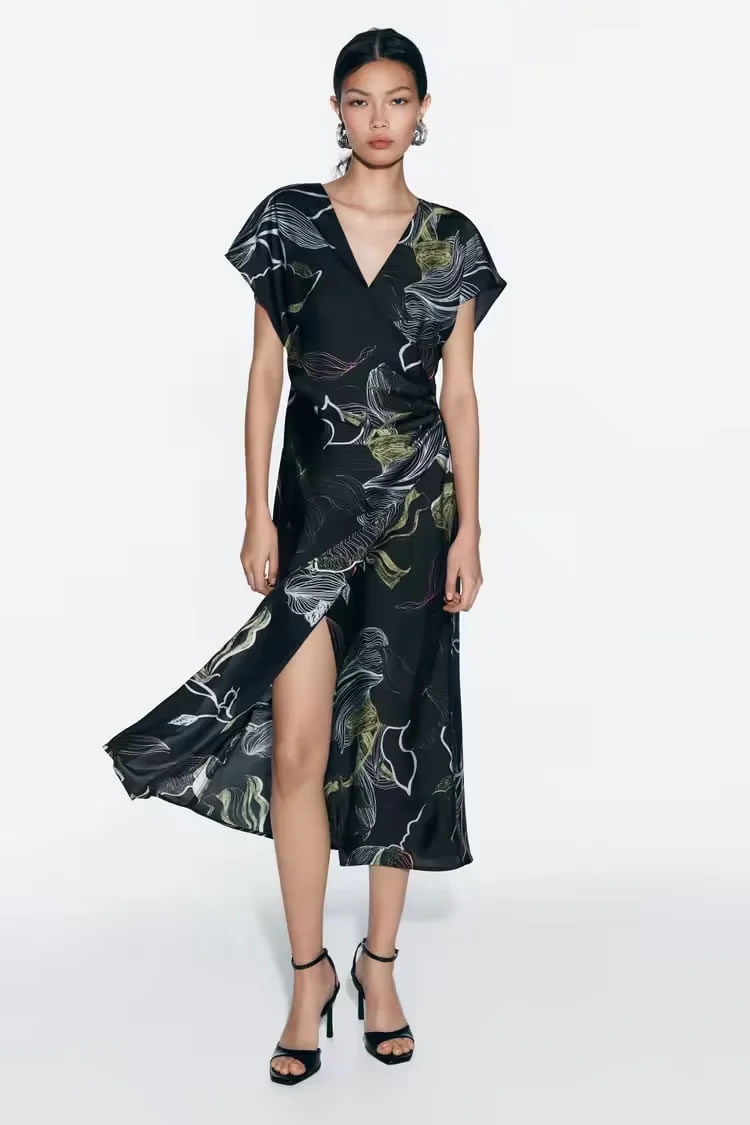 Fashion Black Silk Satin Printed Knee Length Skirt,Knee Length