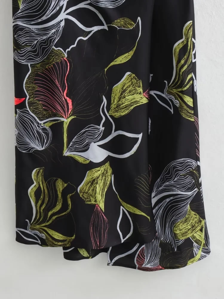 Fashion Black Silk Satin Printed Knee Length Skirt,Knee Length