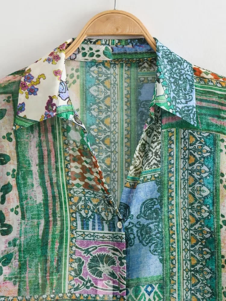 Fashion Green Polyester Printed Lapel Shirt,Blouses