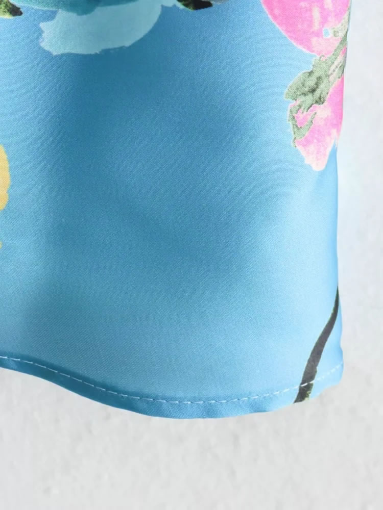 Fashion Blue Polyester Printed V-neck Lace Puff Sleeve Short Skirt,Mini & Short Dresses