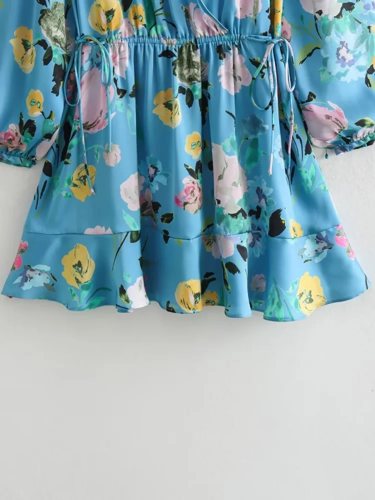 Fashion Blue Polyester Printed V-neck Lace Puff Sleeve Short Skirt,Mini & Short Dresses