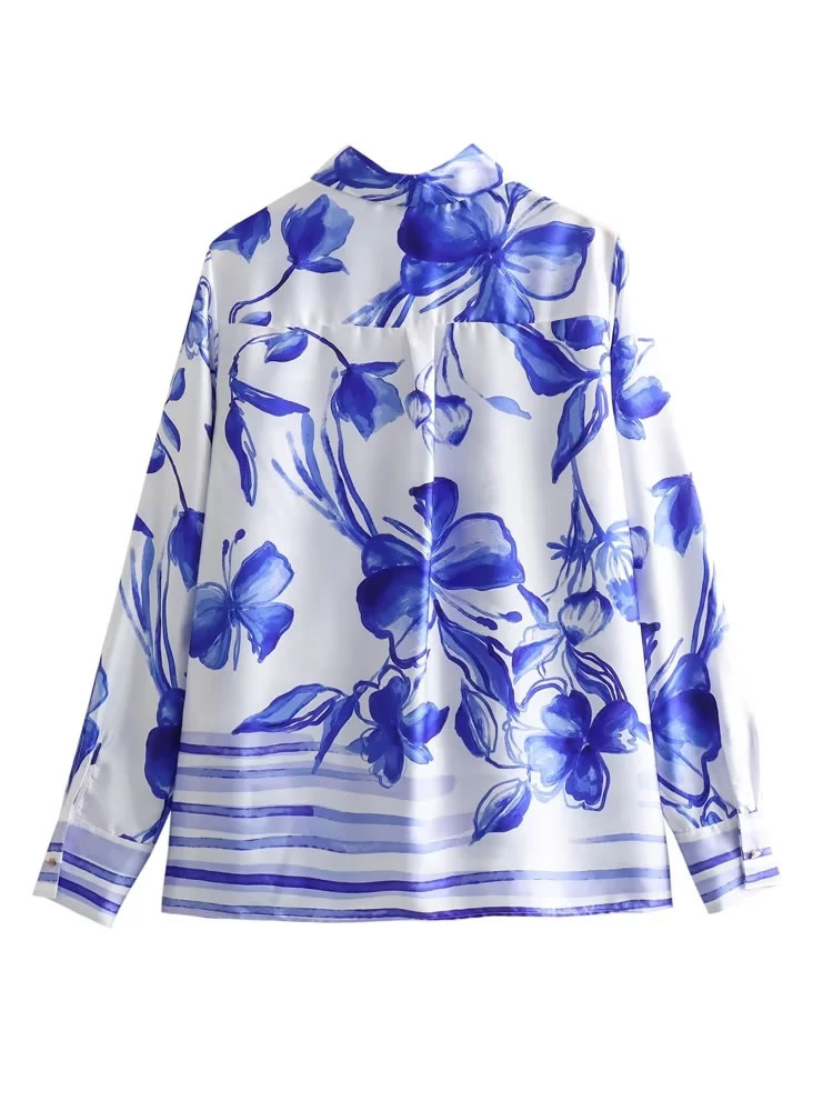 Fashion Blue Polyester Printed Lapel Shirt,Blouses