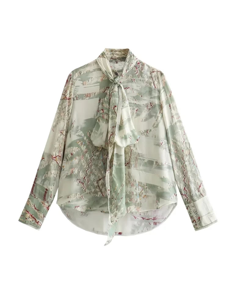 Fashion Green Polyester Printed Lace-up Shirt,Blouses