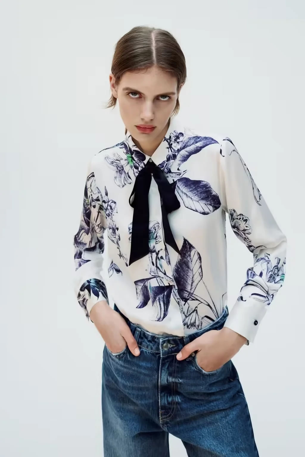 Fashion Color Polyester Printed Lapel Button-down Shirt,Blouses
