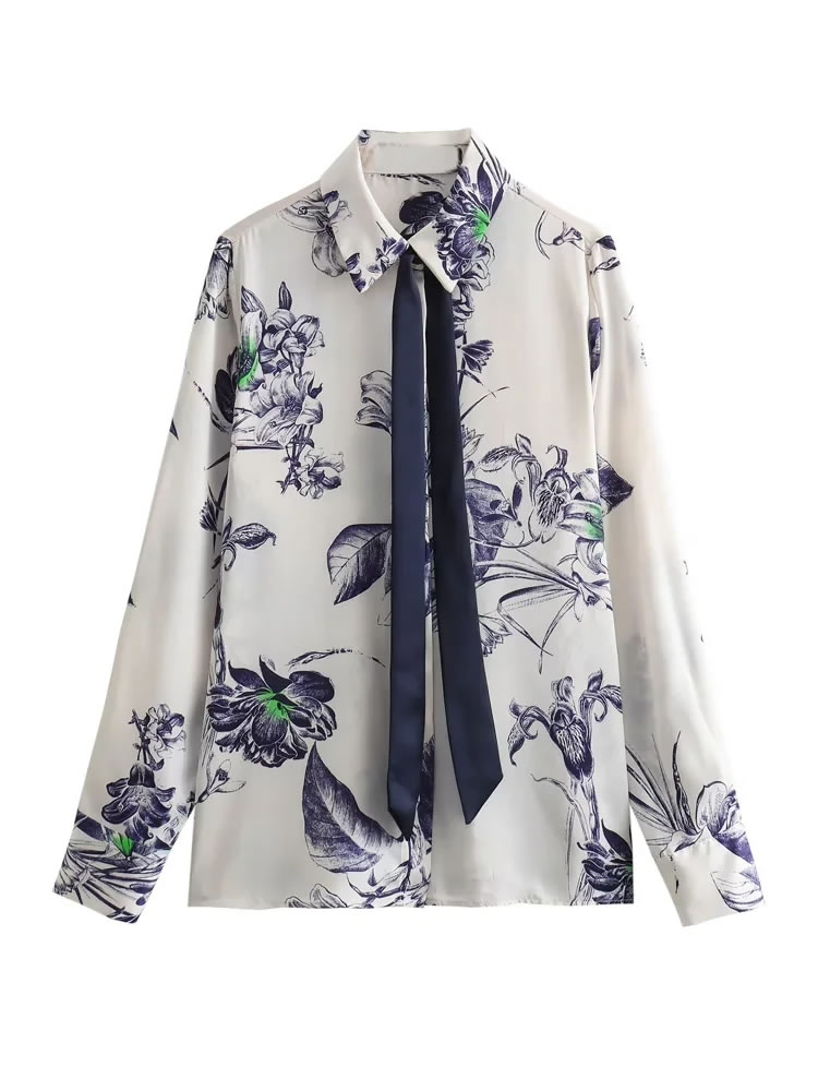 Fashion Color Polyester Printed Lapel Button-down Shirt,Blouses