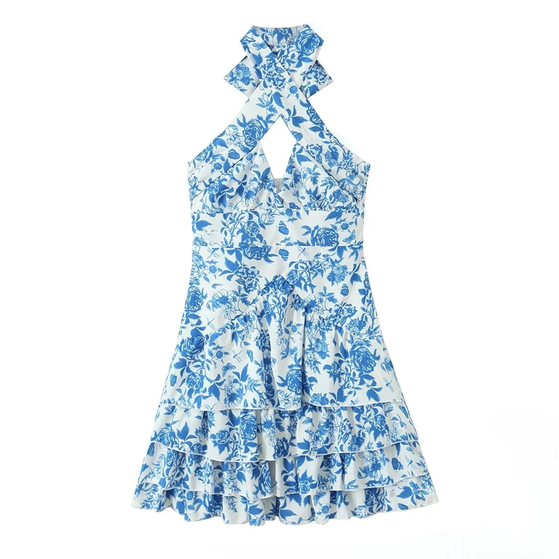 Fashion Blue Polyester Printed Halter Neck Layered Skirt,Mini & Short Dresses