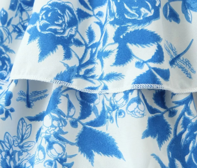 Fashion Blue Polyester Printed Halter Neck Layered Skirt,Mini & Short Dresses