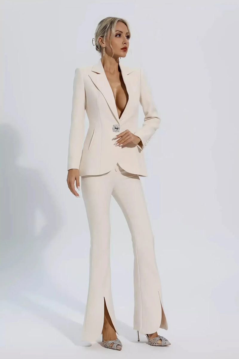 Fashion Light Apricot Polyester Lapel Blazer Slit Trouser Suit,Suits