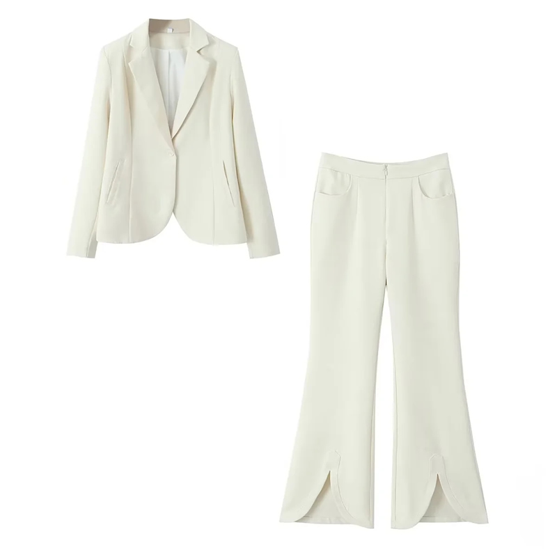 Fashion Light Apricot Polyester Lapel Blazer Slit Trouser Suit,Suits