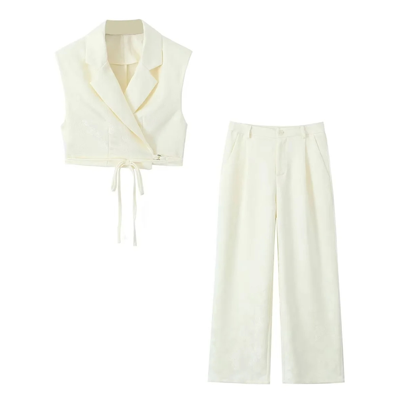 Fashion Off-white Polyester Lapel Lace-up Vest Straight-leg Trousers Suit,Coat-Jacket