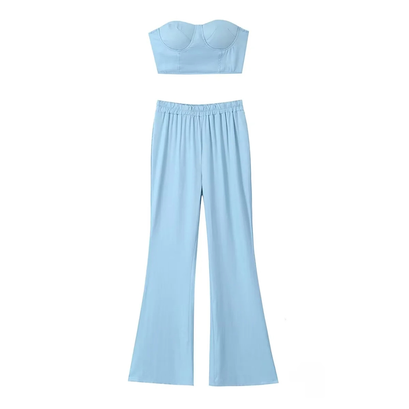 Fashion Denim Blue Denim Tube Top Micro Pleated Trousers Suit,Tank Tops & Camis